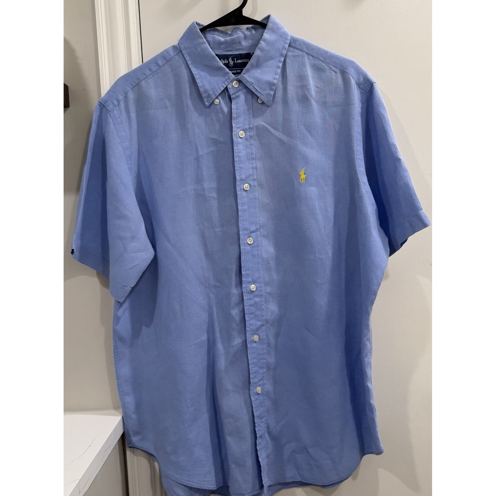 Ralph Lauren Linen Shirt Men's Light Blue Classic Fit Button Short Sleeve